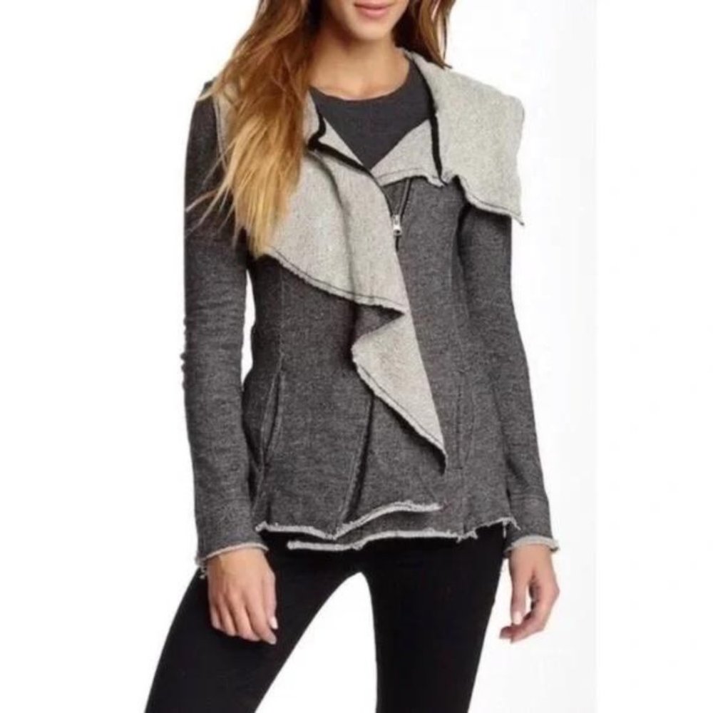Blanc Noir, BNCI Sweater Jacket Gray Small Cotton Raw Edging Zipper Whimsical